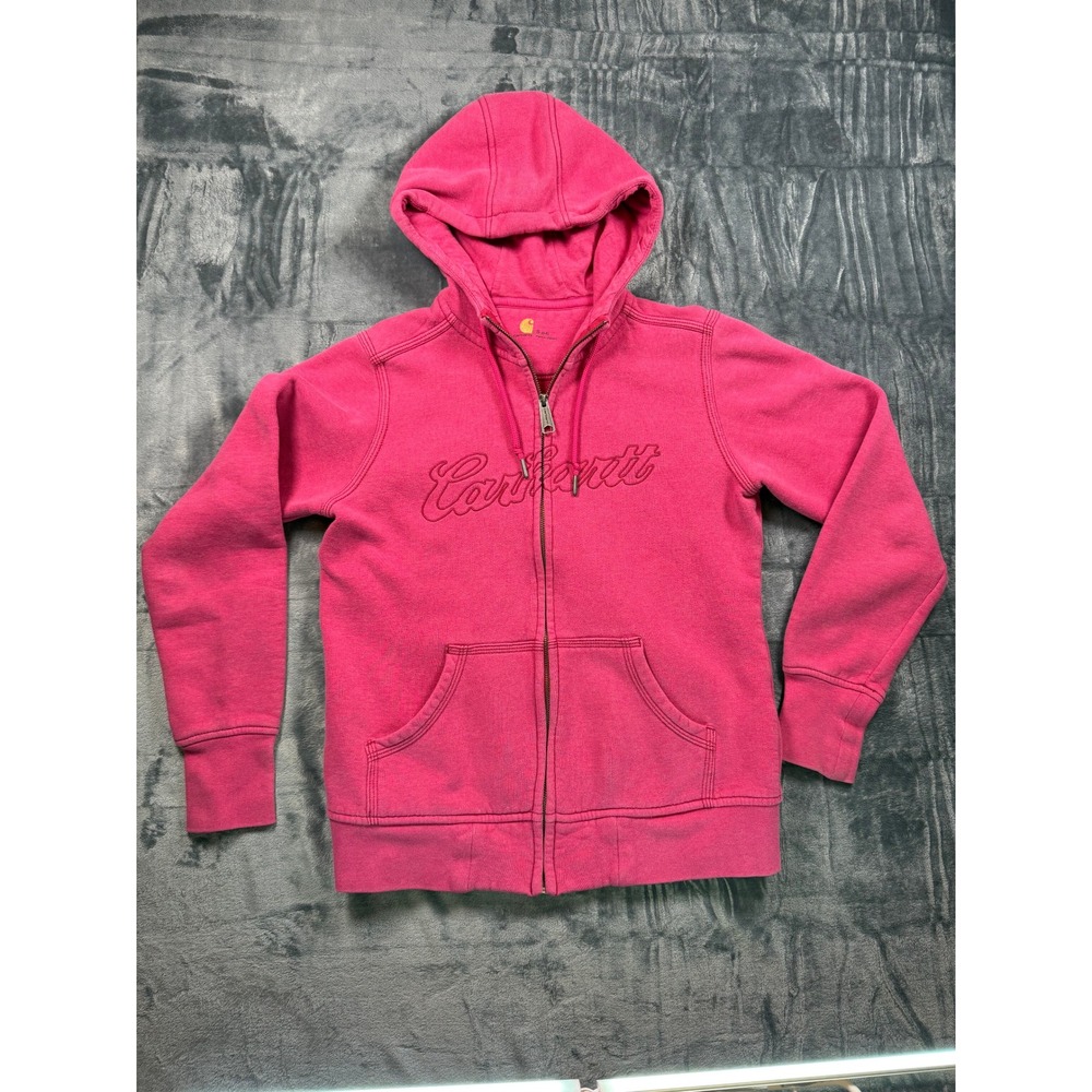 Carhartt Hoodie Womens Small Pink Full Zip Script Logo Fleece Sweatshirt